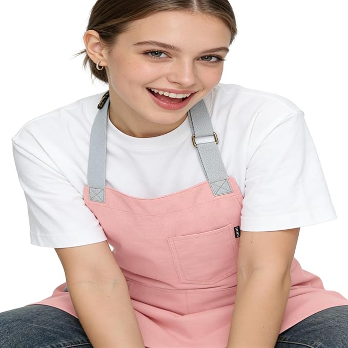 Womens Apron With Pockets Adjustable Shoulder Strap,Apron For Men 38.5" Extra-Long Straps Fit More Body Types,Chef Apron For Kitchen Garden Barbecue Woodworking. (Pink)