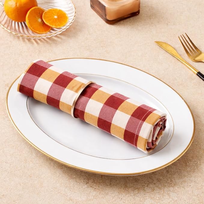 Cloth Napkins Set of 12, 100% Cotton Dinner Napkins 18x18 Inch, Soft Absorbent Gingham Check Napkin for Restaurant, Table Décor, Reusable Washable for Everyday Use - Harvest
