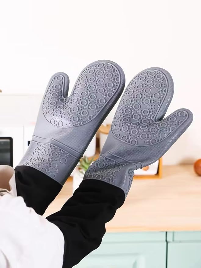 Extra Long Professional Silicone Oven Mitts with Quilted Liner, Durable Heat Resistant Oven Gloves, Heat Resistant Oven Gloves,2pcs (Gray, 19.7inch)
