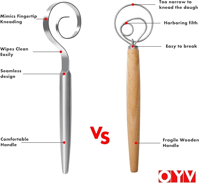 OYV 12" Seamless Dough Whisk, 18/10 Stainless Steel Bread Whisk, Danish Whisk for Sourdough, Pizza, Cookies, Pancake & Waffle, Easy to Clean Sour Dough Tools