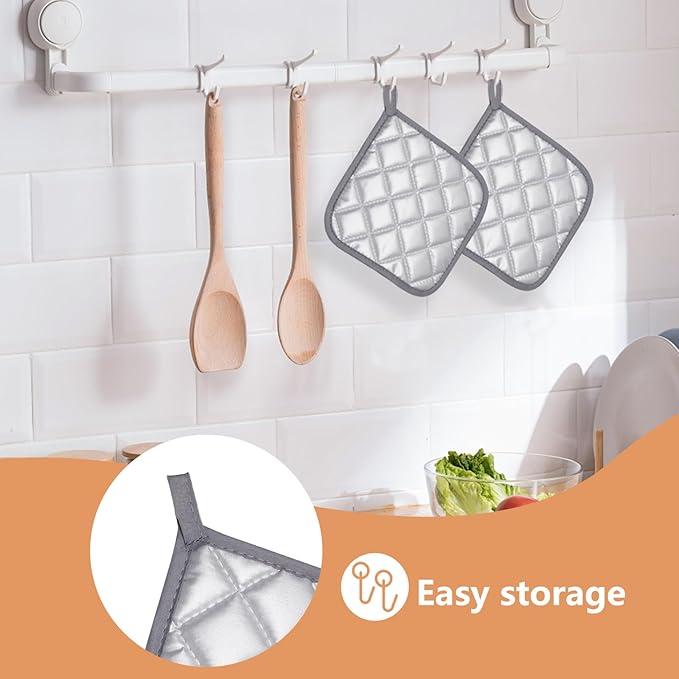 GeeRic 4 Pack Potholders for Kitchen, Heat-Resistant Quilted Cotton Hot Pads, Durable and Machine Washable with Hanging Loop Mat for Cooking, Baking, and Grilling Gray