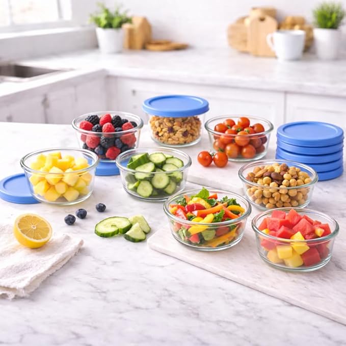 DURA LIVING 16-Piece Glass Food Storage Containers Set (8 Containers + 8 BPA-Free Lids) | 1-Cup, Leakproof | Microwave, Freezer, Oven & Dishwasher Safe | Ideal for Meal Prep & Pantry Organization