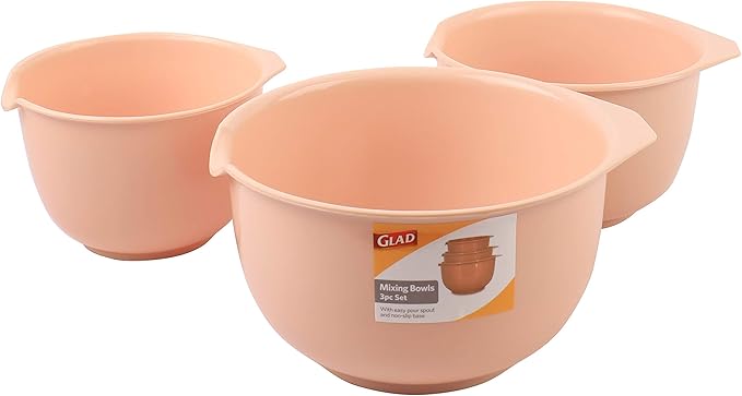 Glad Mixing Bowls with Pour Spout| Nesting Design Saves Space | Non-Slip, BPA Free, Dishwasher Safe Plastic | Kitchen Cooking and Baking Supplies, Blush, 3 piece set