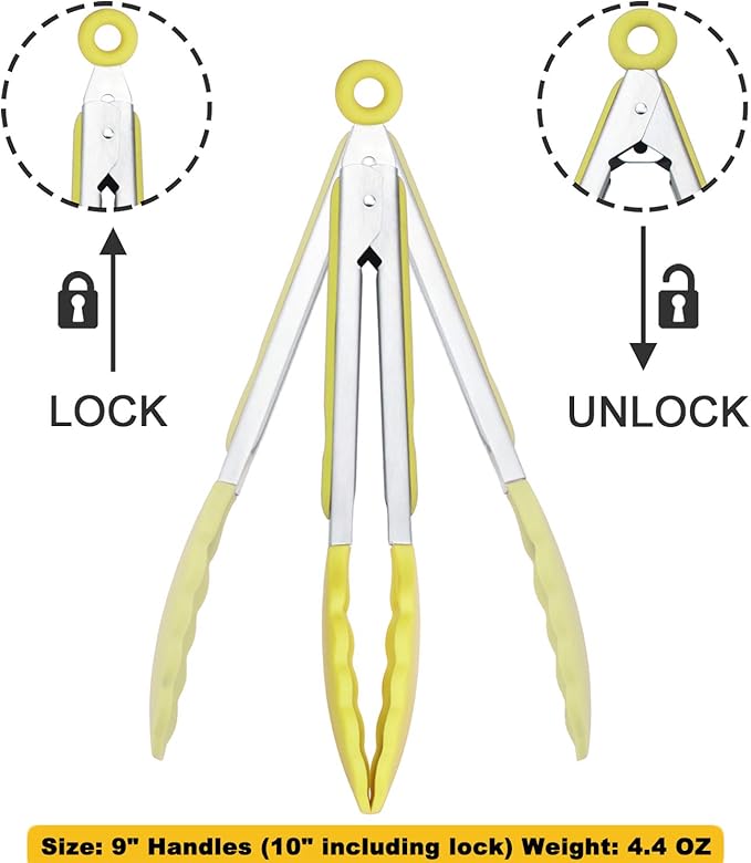 HINMAY Silicone Tipped Tongs 9-Inch Kitchen Cooking Tongs, Set of 3 (Yellow)