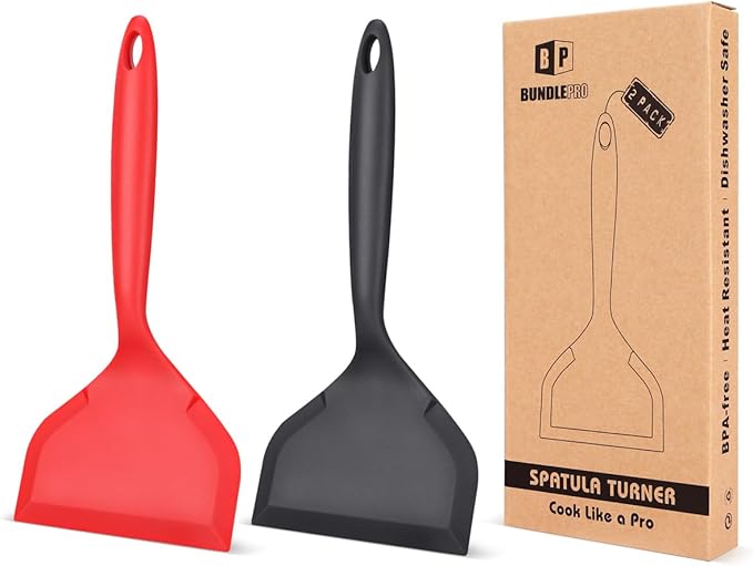 Pack of 2 Wide Silicone Spatula,Nonstick Pancake Shovel with Short Handle, Fried Flexible Turner, BPA Free Kitchen Cookwares for Egg, Cookie, Omelette, Fish, Burgers