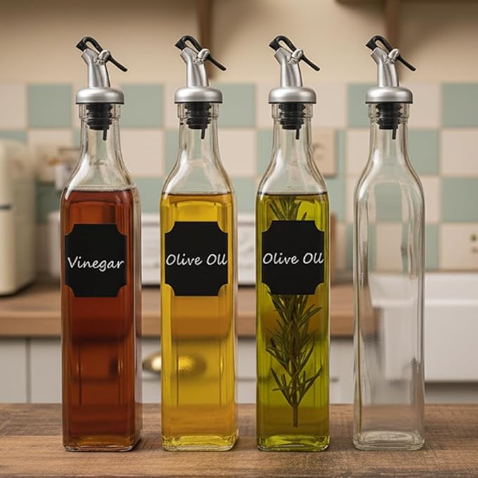 WERTIOO Olive Oil Dispenser Bottle,4Pack 17 OZ Glass Oil Dispenser for Kitchen with 4 Pourer,2 Stainless Steel Funnel & 1 Pen and 8 Label for Kitchen (500ml)