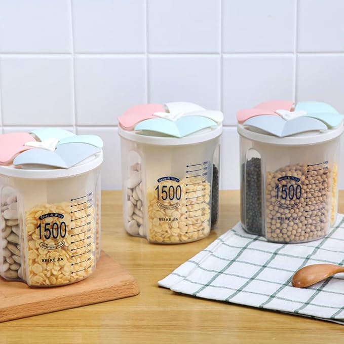Airtight Kitchen Food Storage Container, Leak-Proof BPA Free Plastic Plastic Dry Cereal Dispensers Containers with Durable Lids for Flour, Sugar, Rice (1500ml-3 Grid)