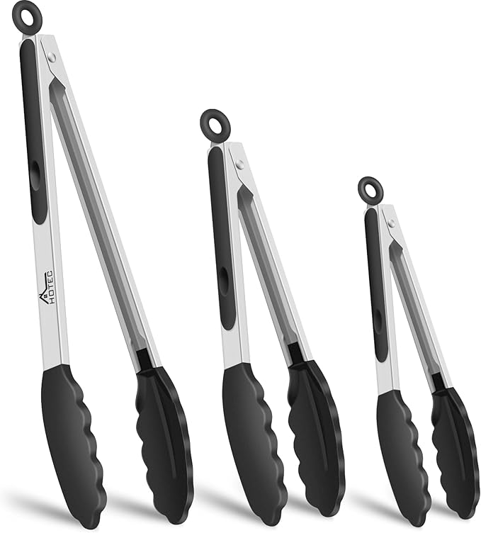 HOTEC Premium Stainless Steel Locking Kitchen Tongs with Silicon Tips, Heat Resistant Cooking Tongs Set of 3-7", 9" and 12" (Black)
