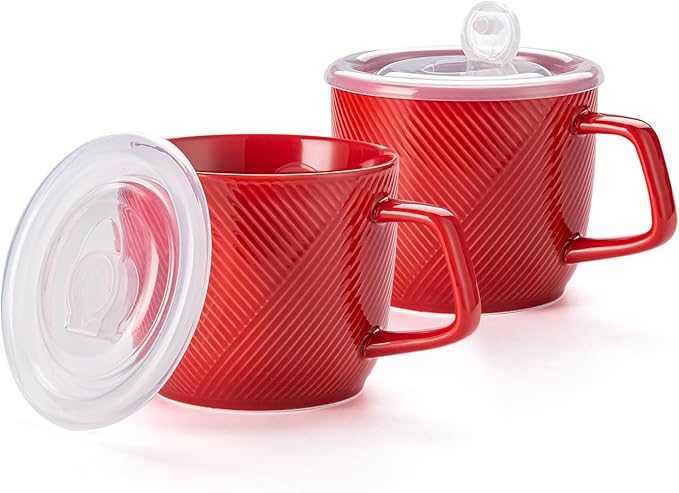 Ceramic Soup Bowl with Lid & Handle: 32 oz Microwave Safe Food Container for Ramen Noodles Cereal Leftovers - Extra Large Mugs for Breakfast Lunch Picnic Camping - Red, Set of 2
