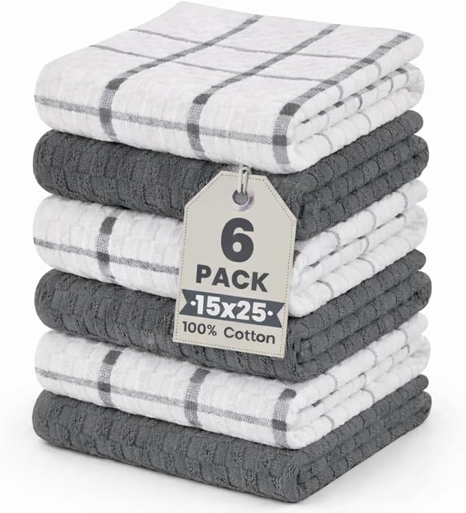GOLD TEXTILES Kitchen Towels 6 Pack Premium 100% Cotton Dish Towels for Kitchen (15 x 25 Inches) Super Soft & Absorbent Kitchen Hand Towels for Drying Dishes, Cleaning - Reusable and Washable (Grey)