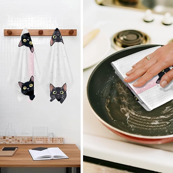 Jztco 2 Pcs Cute Cat Kitchen Towels, Cats Gifts Reusable Hand Tea Towel, Microfiber Dish Cloths for Drying Dishes, Waffle Dish Towels for Kitchen Home Bathroom Decor, Cat Lover Gifts for Women Mom