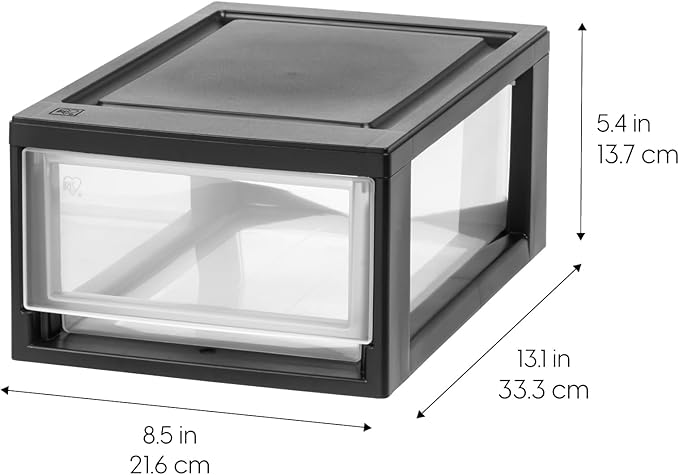 IRIS USA 6 Qt. Small Plastic Stacking Drawer, Stackable Storage Organizer Unit with Sliding Drawer for Bedroom Kitchen Under Sink Pantry Craft Room Dorm Office, Black, 4-Pack