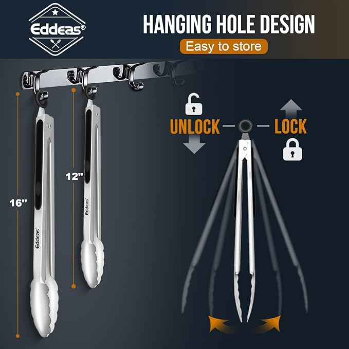 Eddeas Grill Tongs, Bbq tongs - 12" and 17 Inch Extra Long Kitchen Tong, Heat Resistant 600 Degrees Stainless Steel tongs, Metal Locking Tong for Cooking, Grilling, Outdoor Barbecue, Set of 2