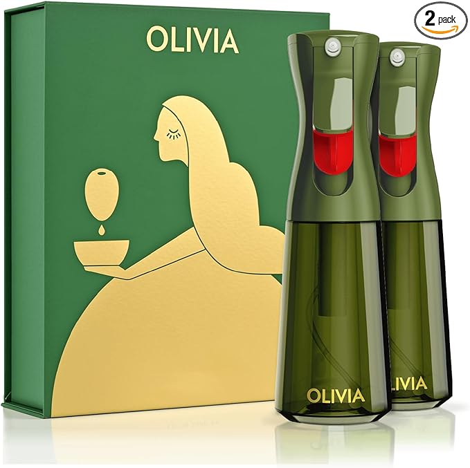 FLAIROSOL OLIVIA Signature Oil Sprayer for Cooking, 2 Pack Green Glass Olive Oil Sprayer, 200ML Oil Dispenser for Kitchen, Continuous Oil Spray Bottle with Portion Control for Air Fryer, Salad, BBQ