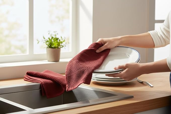Maroon Dark Red Brick Red Kitchen Hand Dish Towels: Oversized 28" x 18",100% Cotton Cloth Soft Cleaning Drying Absorbent Textured Design, Set of 3 Multipurpose for Everyday Use (Brick Red)