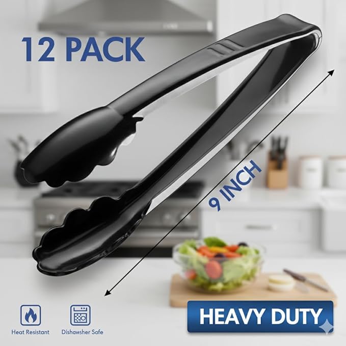 Plastic Tongs for Serving (Pack of 12) 9 Inch - Heavy-Duty Hard Plastic Reusable or Disposable Serving Tongs for Catering, Dinner Parties, Banquets, Buffets, Events, Weddings and Everyday Use, Black