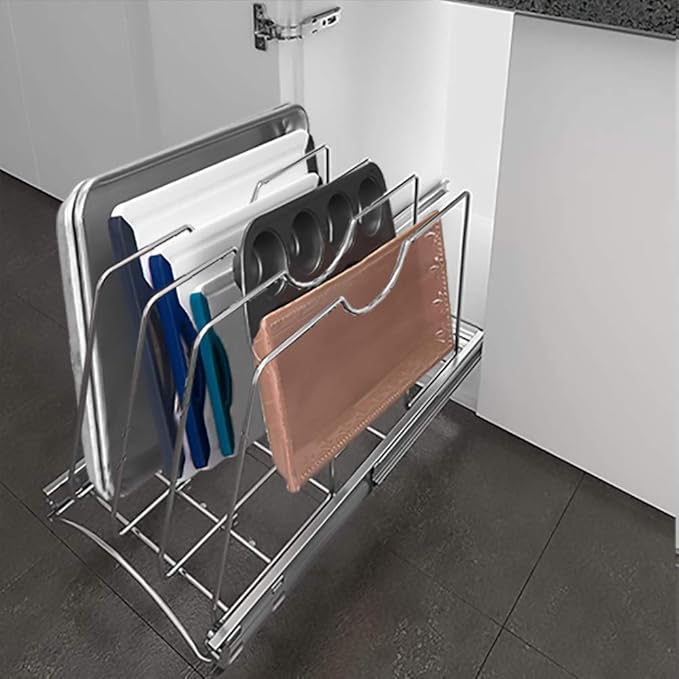 Pull Out Cookie Sheet Organizer for Cabinet, Pan and Pot Rack, Cutting Board Organizer Rack, Baking Tray Organizer for Cabinet, Adjustable Divider Width, 11" W x 22" D x 11.8" H, Chrome
