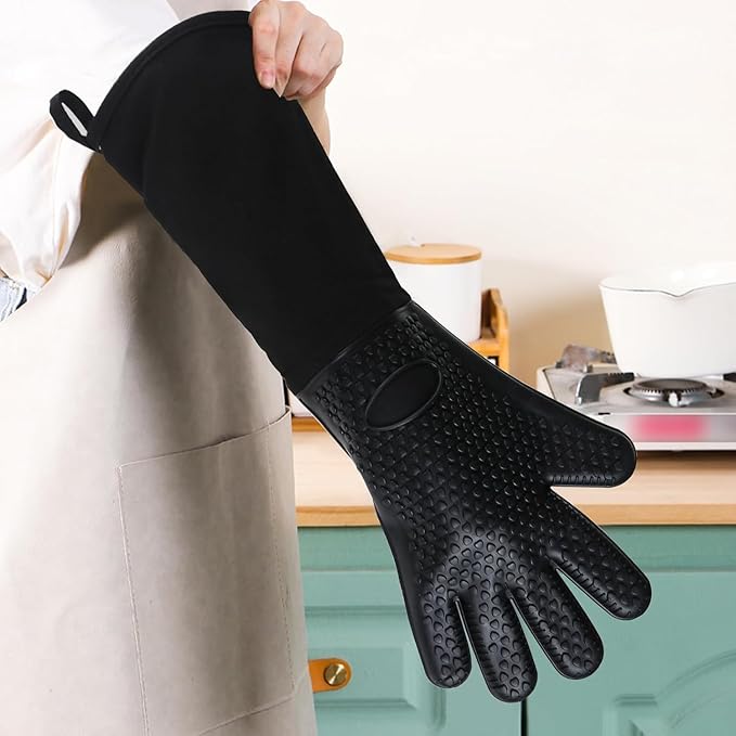 Linwnil Extra Long Professional Silicone Oven Mitts with Quilted Liner, Durable Heat Resistant Oven Gloves, Heat Resistant Oven Gloves,2 Pack (Black)