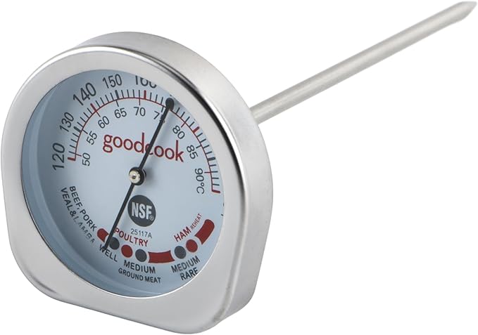 GoodCook Everyday Meat Thermometer with Bi-Directional Dial Shows Temperature and Meat Type Doneness with Stainless Steel Probe, Includes Fahrenheit & Celsius, Silver