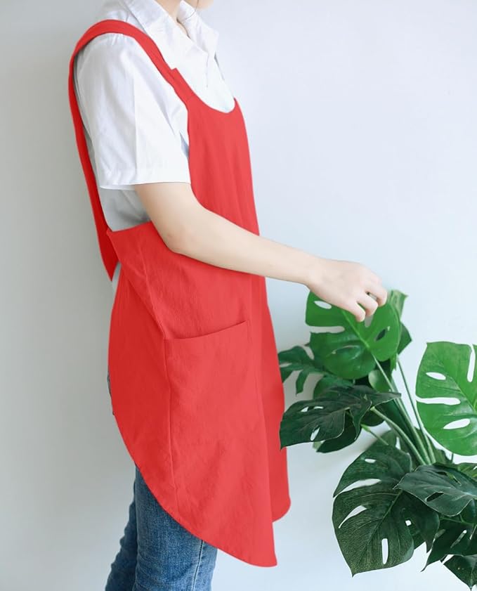 NEWGEM Japanese Cotton Linen Cross Back Cooking Apron for Women Men with Pockets Cute for Baking Kitchen
