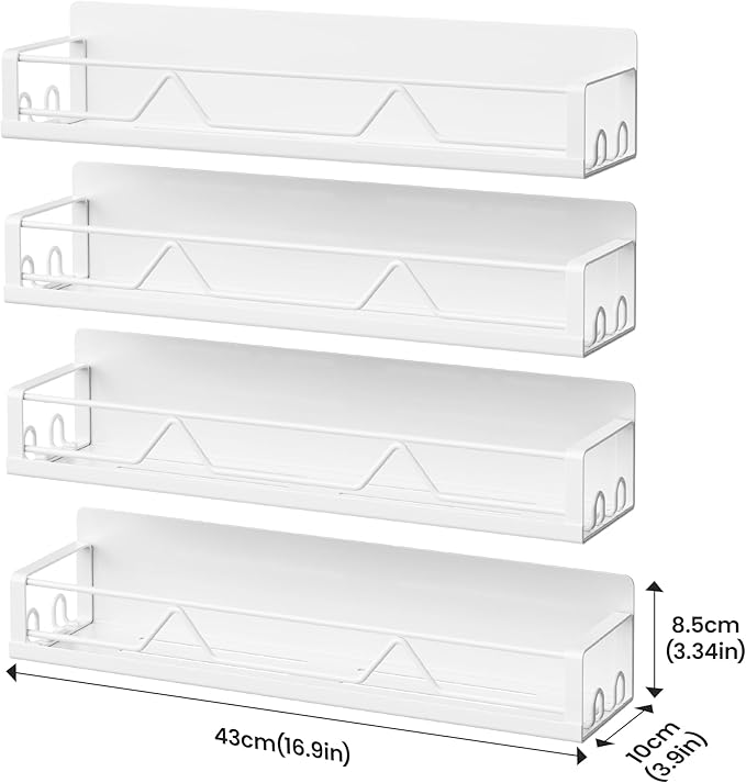 Mystozer 16.9 Inch Wide Large Capacity Magnetic Spice Rack for Refrigerator,4 Pack Metal Fridge Shelf Magnetic Basket Magnetic Fridge Shelf Magnetic Shelves for Fridge (White)