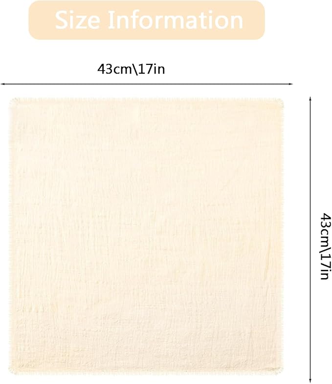 Cotton Blend Fringe Cloth Napkins - Crinkle Gauze Dinner Napkins, Reusable & Washable Table Napkins, 17" x 17" (43 x 43 cm), Multiple Colors, 12/24/48/100 Pack (48, Beige)