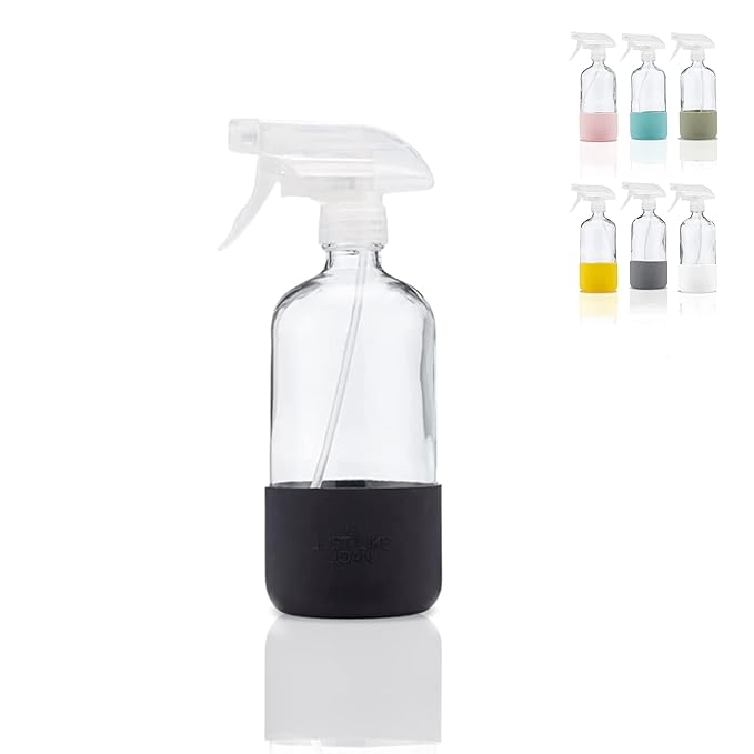 Clear Glass Spray Bottle with Silicone Sleeve for Cleaning Solutions, Essential Oils, Plants, Vinegar - 16 oz, Refillable, Food Safe (Rich Black)