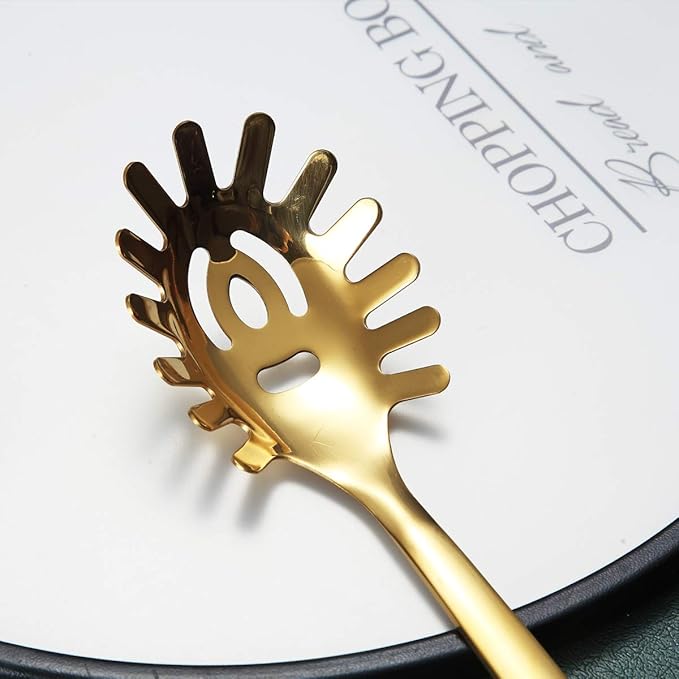 Gold Spaghetti Spoon, Berglander Pasta Server With Titanium Gold Plating, Stainless Steel Spaghetti Server For Cooking, Pasta Fork, Noddle Fork, Dishwasher Safe, Easy to Clean