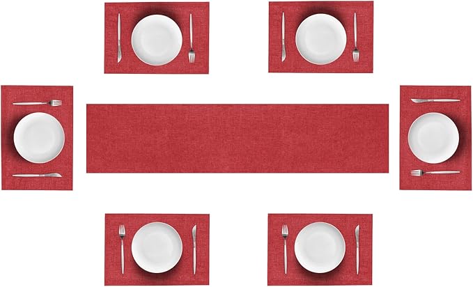 Linen Table Runner and Placemats Set of 6, Farmhouse Style Tabletop Collection, Thick Double Layer Heat-resistand Table Mats for Kitchen, Dining, Holiday Party by Auscmu TC/ Wine Red