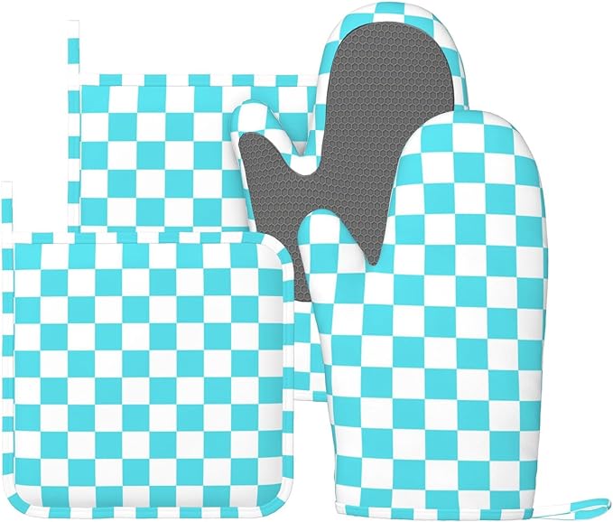 Turquoise Teal Checkered Oven Mitts and Pot Holders Sets of 4, Heat Resistant Silicone Oven Mittens and Potholders Gloves Hot Pads for Kitchen Cooking Baking Grilling BBQ Chef