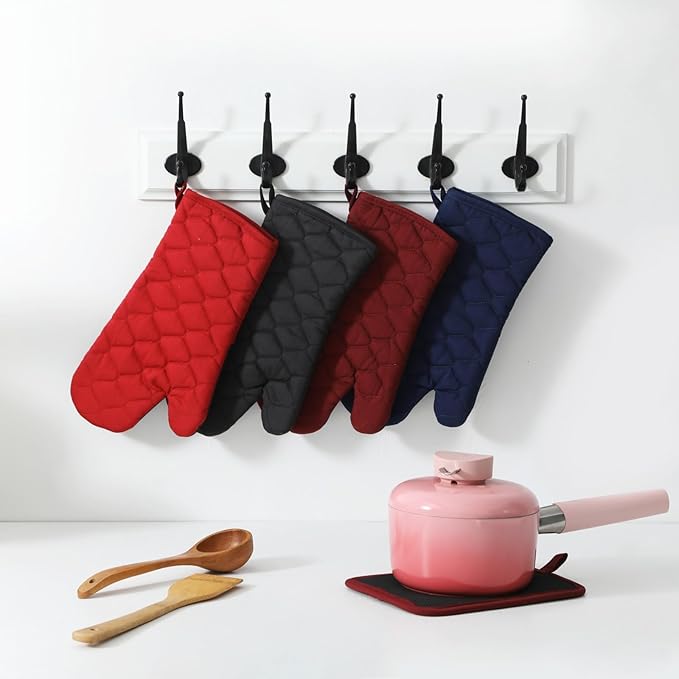 Glynniss Heat Resistant Oven Mitts, 2 Pcs of Silicone Oven Mits, Non-Slip Grip Surfaces Kitchen Gloves for Cooking, Machine Washable with Hanging Loops Oven Gloves (7x13 inches, Wine)