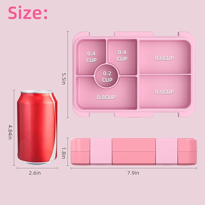 Bento Lunch Box for Kids, 6 Compartments BPA Free, Dishwasher Safe Back to School Snack Bento Lunch Containers Boxes, Ideal Portion Sizes for On-the-Go Meal, Ages 3+, School, Pink