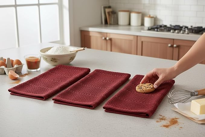 Maroon Dark Red Brick Red Kitchen Hand Dish Towels: Oversized 28" x 18",100% Cotton Cloth Soft Cleaning Drying Absorbent Textured Design, Set of 3 Multipurpose for Everyday Use (Brick Red)