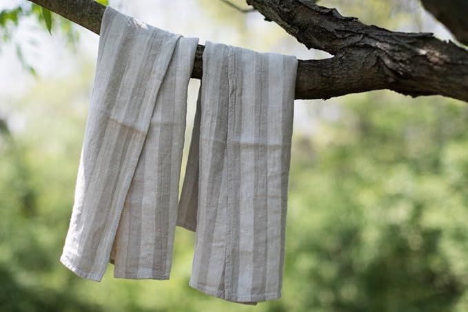 Jacquard Striped Pure 100% Linen Hand Kitchen Towel, 16 x 30 Inches, Set of 2, Grey/White