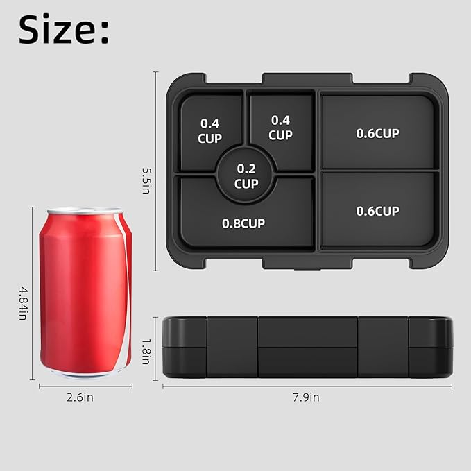Bento Lunch Box for Kids, 6 Compartments BPA Free, Dishwasher Safe Back to School Snack Bento Lunch Containers Boxes, Ideal Portion Sizes for On-the-Go Meal, Ages 3+, School, Black