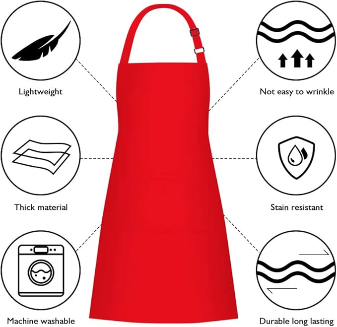 Jubatus 4 Pack Bib Aprons with 2 Pockets Cooking Chef Kitchen Apron for Women Men, Red