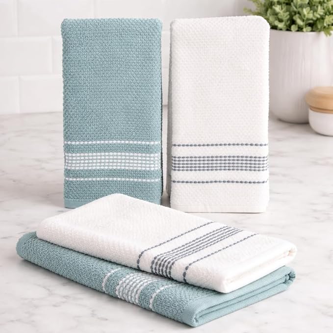 MosJos Kitchen Towels, Blue and White Stitched Design Hand Towels, Cotton Soft Large 18 x 28 Dobby Weave Super Absorbent Tea Towels Drying Cloth Kitchen Linens