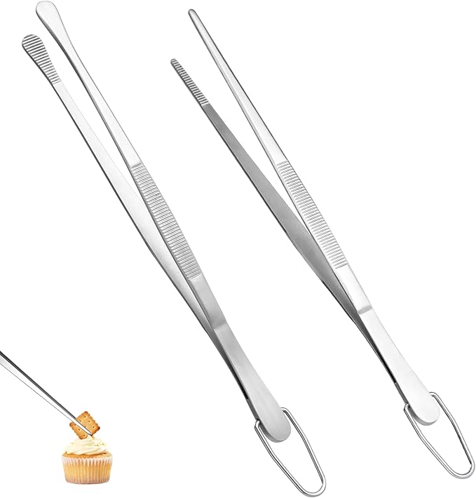 U-Taste 8" Kitchen Plating Tweezer Set: 18/8 Stainless Steel Food-Grade Metal Food Tong, Seamless-Welding, Flexible Pinching and Non-Slip for Serving, Decorating, Cooking, Baking (Round & Pointed Tip)