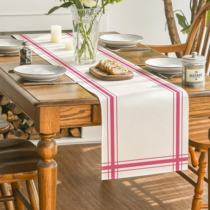 Artoid Mode Pink Simple French Stripe Table Runner, Seasonal Spring Summer Kitchen Dining Table Decoration for Home Party Decor 13x72 Inch
