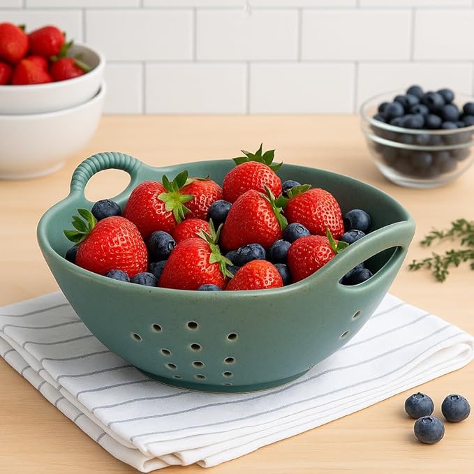 Matte Glaze Ceramic Berry Colander Bowl with Handles – 8.5" Handle-to-Handle × 8" Bowl Dia × 3.3" High – Rustic Stoneware Drain Bowl for Fruit, Berries, and Kitchen Decor (Matte Green)