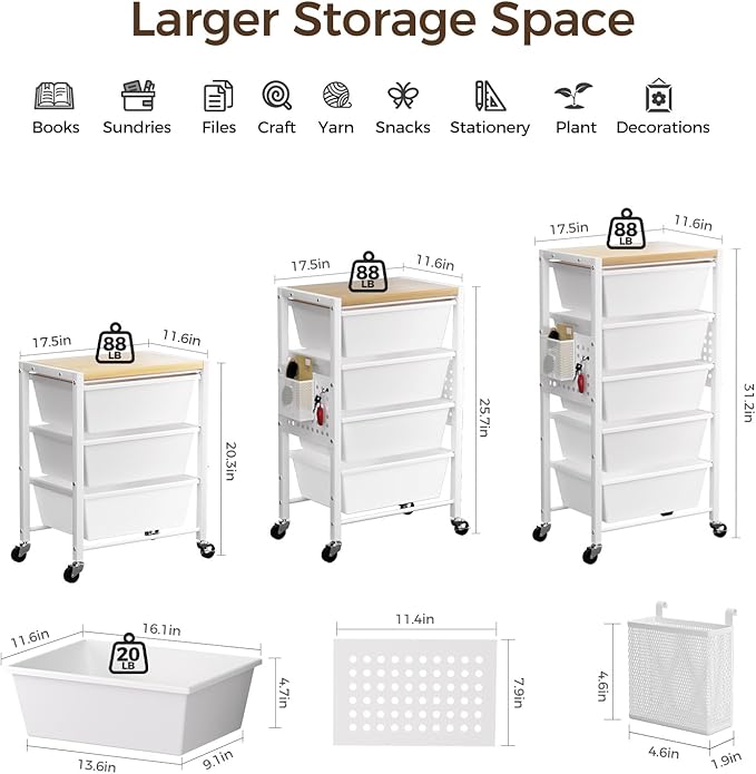 Rolling Cart with 4 Drawers, Plastic Drawer Storage Carts with Wheels & Wooden Tabletop, Metal Utility Cart with Pegboards, Office Living Room Classroom Craft Organization and Storage, Bright White