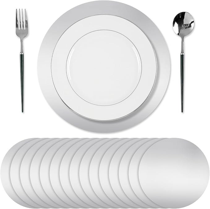Tioncy 50 Pcs Silver Round Paper Placemats Decorative Disposable Placemats Table Mats for Dining Wedding Table Decoration Home Banquet New Years Festive Party Birthday Holiday