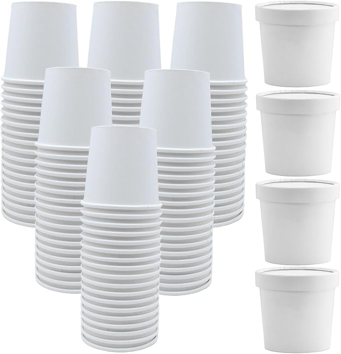 60 Pack 12 oz White Paper Ice Cream Cups with Lids, To Go Soup Containers Dessert Bowl, Microwave and Freezer Safe Food Storage Bowls for Parties, Christmas, Takeout, Picnics