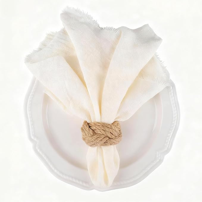 Cotton Blend Fringe Cloth Napkins - Crinkle Gauze Dinner Napkins, Reusable & Washable Table Napkins, 17" x 17" (43 x 43 cm), Multiple Colors, 12/24/48/100 Pack (12, Beige)