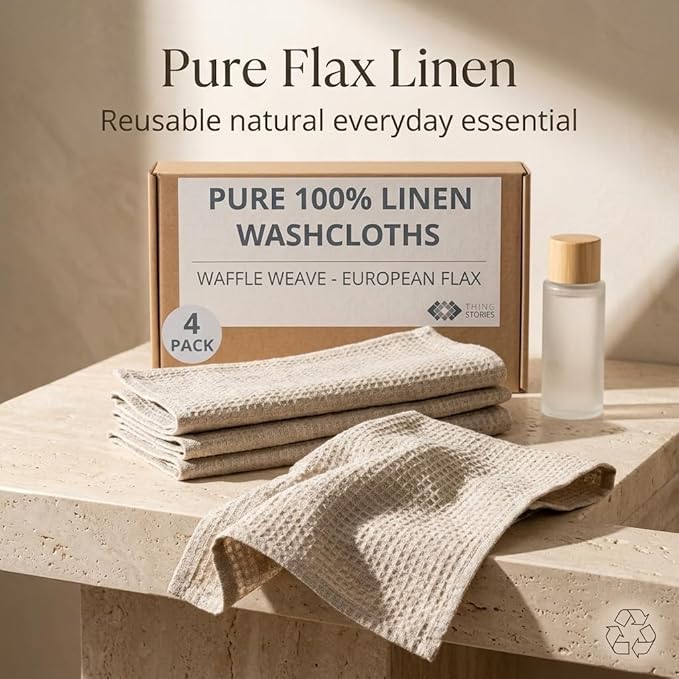 Flax Linen Washcloths for Bathroom - Waffle Washcloths 4-Pack 10x10 inch - Linen Face Cloths - Waffle Weave Cleaning Cloths with Loop - Exfoliating Face Towel for Women