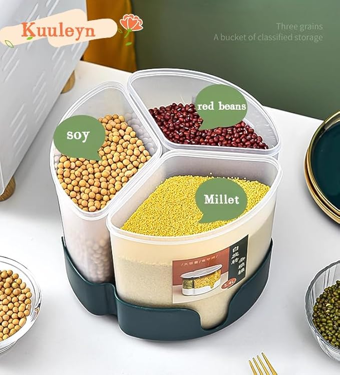 Grain Dispenser,360° Rotating Grain Storage Food Dispenser,3 Compartment Sealed Dry Food Container for Kitchen Counter Storage Organization
