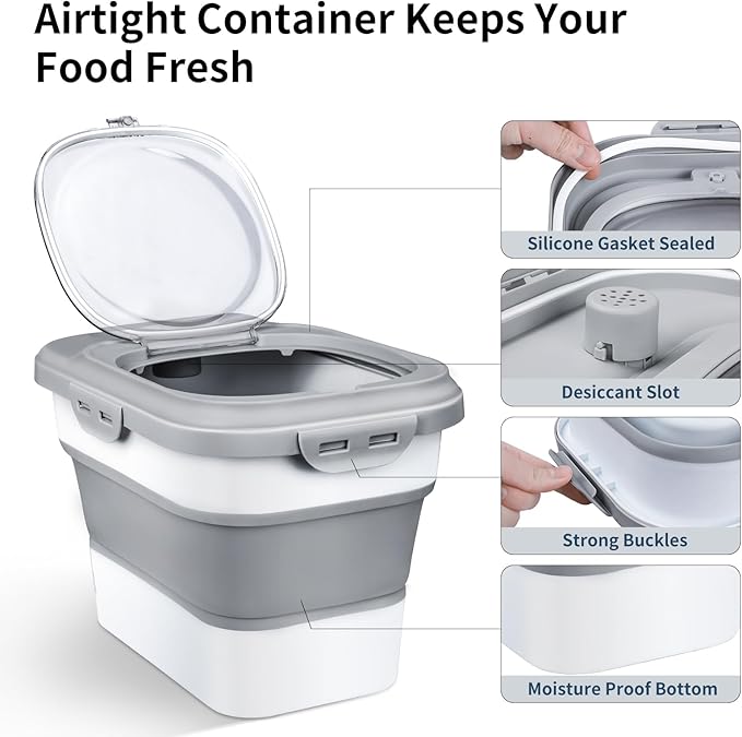 Komzon Rice Storage Container, Collapsible Airtight Food Storage Containers 6-20 Lbs, Rice Dispenser with Measuring Cup and Small Bin for Flour Cereal Pasta Grain, Cat Pet Dog Bird Food Container