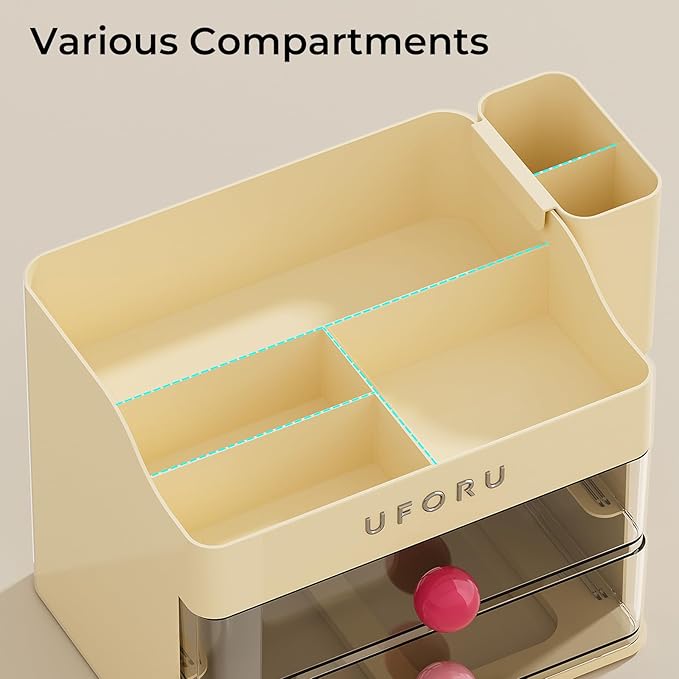 Makeup Organizer for Vanity with Brush Holder, Countertop Skincare Organizer with 2 Drawers, Spacious Cosmetic Display Case for Perfumes, Eyeshadow Palettes, Nail Polishes