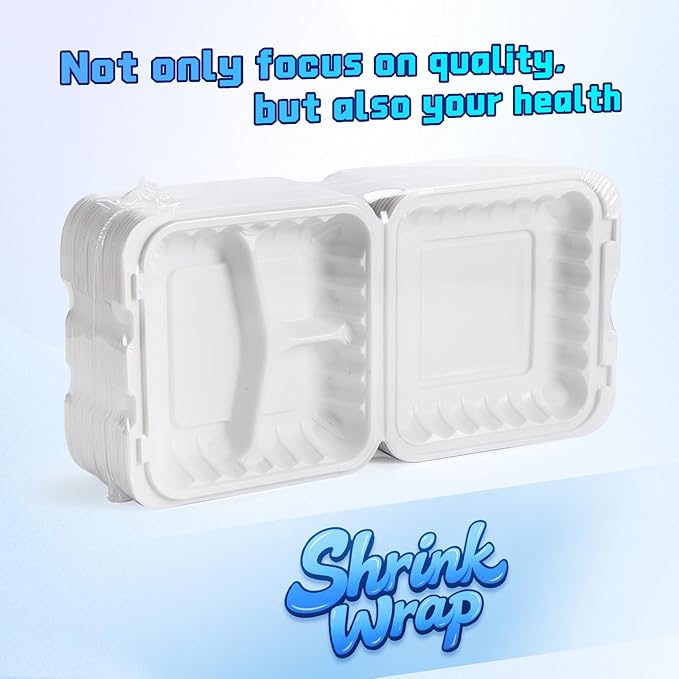YANGRUI Food Containers 9" 40 oz 100 Pack - Mineral Filled BPA Free Polypropylene Plastic | Shrink Sealed | Reusable Dishwasher Freezer & Microwave Safe | Stackable Design 3 Compartment Takeout Boxes