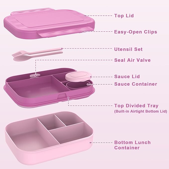 Caperci Stackable Bento Lunch Box for Adult & Teens - Reinforced Leak-Proof Lunch Container 4-Compartment with Utensils & Sauce Container, BPA-Free, Dishwasher/Microwave Safe, 47oz (Cherry Blossom)